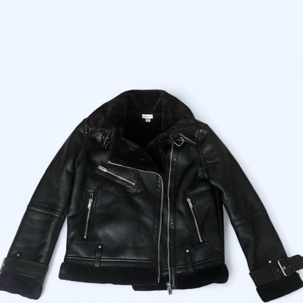 Topshop Black Faux Leather Aviator Jacket with Faux Fur Trim